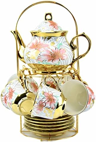 20 Pieces Porcelain Tea Set With Metal Holder, European Ceramic tea set for adults,Flower Tea Set,Tea Set For Women With Flower Painting (Large version, White) - Image 3