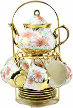 20 Pieces Porcelain Tea Set With Metal Holder, European Ceramic tea set for adults,Flower Tea Set,Tea Set For Women With Flower Painting (Large version, White) - Image 3