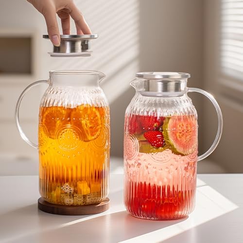 Bandesun Glass Pitcher with Lid, 68 oz/ 2 Liter 2Pack Vintage Water Pitcher,Glass Water Carafe for Cold Brew, Coffee, Lemonade, Iced Tea,Beverage, Heat Resistant Jug - Image 6