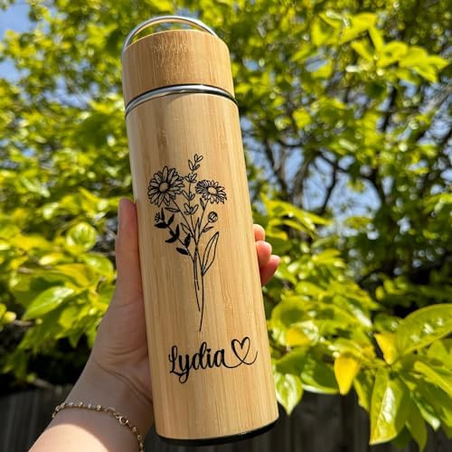 Bamboo Tumbler Customized Name Birth Month Flower Tea Infuser Bottle for Loose Tea Leaves Gift for Mom Personalized (Style D) - Image 2