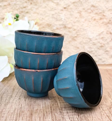 Ebros Gift Pack Of 4 Japanese Traditional Tetsubin Style Textured Surface Cast Iron Tea Cups Teacups Drinkware Tea Service Far East Decorative Accent (Blue And Gold Ridged Lines) - Image 5