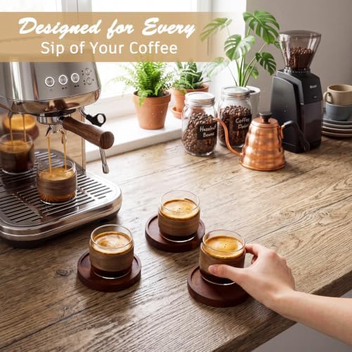 Espresso Cups Set of 4, 5 oz Shot Cup with Wooden Ring, Coaster - Image 4