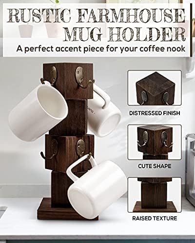 PUERSI Coffee Mug Holder for Counter, Rustic Solid Wood Mug Tree - Image 2