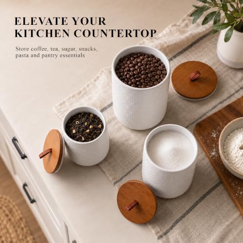 Mowtanco Embossed Ceramic Canister Set with Airtight Bamboo Lid - Image 3