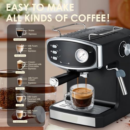 20 Bar Espresso Machine for Home, Professional Compact Espresso Maker with Milk Frother Steam Wand, Pressure Gauge & 54oz Large Water Tank, Low Noise Fast Brewing for Cappuccino, Latte Flat Black - Image 3