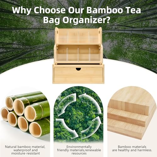 3-Layer Stackable Bamboo Tea Bag Organizer with Drawer, No-Tool Assembly Tea Organizers and Storage Holder for Countertop, Cabinet, Office, Kitchen, Pantry - Image 6