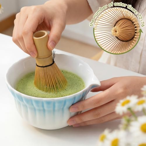 Matcha Set, 5Pcs Ceramic Matcha Set including Daisy Matcha Bowl and Mushroom Whisk Holder, Bamboo Whisk, Scoop, Sifter - Thoughtful Matcha Whisk Set Gift for Matcha Lovers, Blue - Image 5