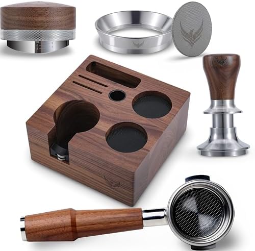 58mm Rocket Accessories Kit – E61 Bottomless Portafilter, Espresso Tamper, Distributor, Tamping Station, Puck Screen & Funnel Premium Walnut Espresso Tools Barista Kit by KNODOS