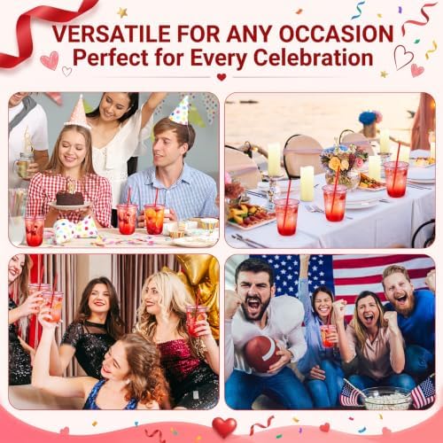 tchrules 100Pcs 16oz Red Plastic Disposable Party Cups with Lids and Straws - Image 7