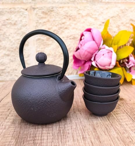 Ebros Gift Traditional Oriental Tetsubin Small Cast Iron 10oz Teapot With Strainer And 4 Mini Tea Cups 1oz Asian Fusion Housewarming Tea Service Drinkware Accent (Textured Dark Brown) by EbrosGift
