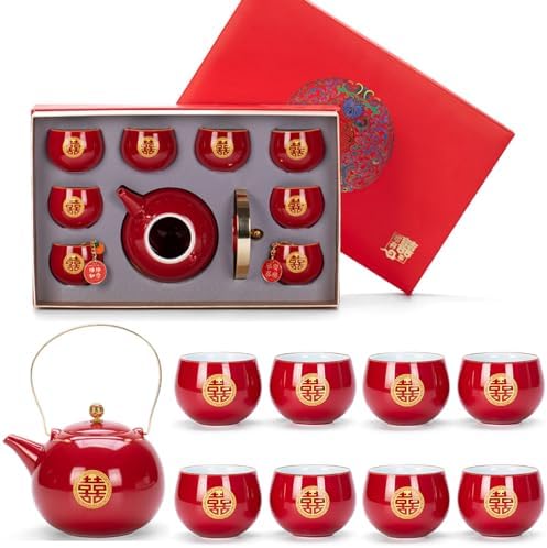 Chinese Traditional Wedding Tea Set, Porcelain Teapot, 8 Cups and Gift Box by Unknown