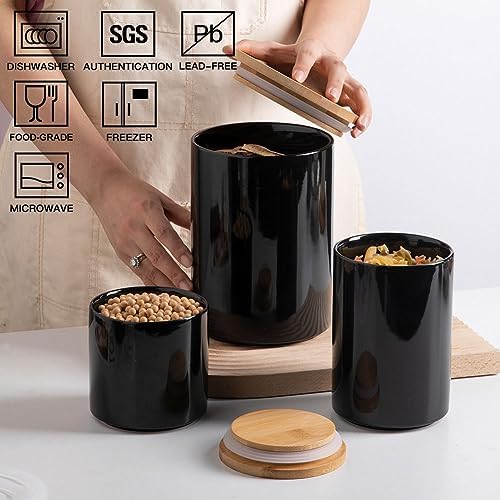 Sweejar Ceramic canisters for kitchen counter,Stackable Food Containers Set with Airtight Seal Bamboo Lid for Serving Ground Coffee, Tea, Spice, Flour and Sugar-Set of 3 (Black) - Image 2