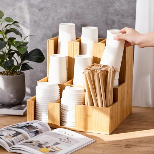 CroBlissful 9 Compartment Bamboo Wood Vertical Coffee Cup and Lid Dispenser - Image 4