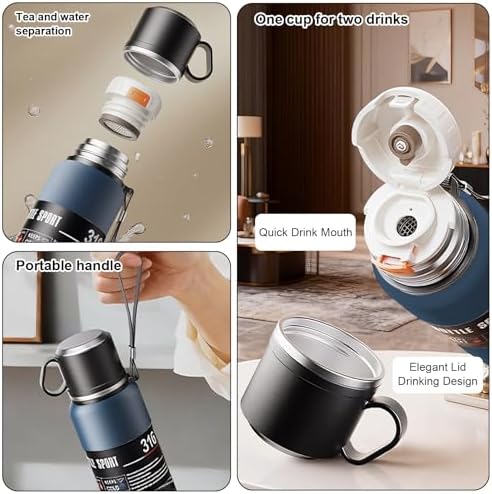 Stainless steel Vacuum Thermoses Bottle With Tea Infuser & Cup,Double Layer Insulated Coffee Bottles for Hot and Cold Drink Water Flask (Blue, 1980ML) - Image 3
