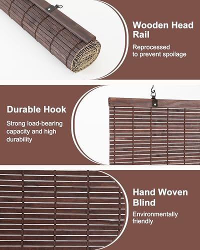 60" W x 72" H Cordless Bamboo Roman Shades for Interior, Coffee - Image 6