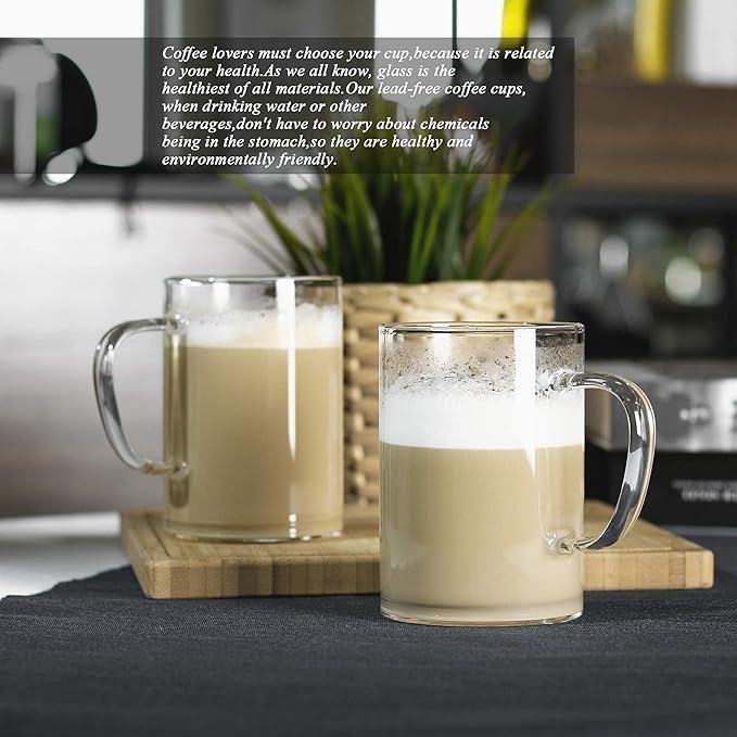 Glass Coffee Mugs – Set of 4, 470 ml | Large Clear Glass Tea & Coffee Cups | Lead-Free Flat Bottomed Glasses for Latte, Milk, Water & Everyday Beverages - Image 2