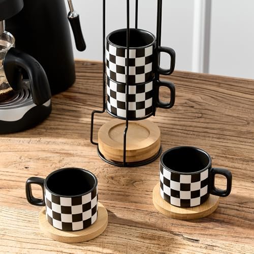 LUKA Porcelain Stackable Black and White Checkered Espresso Cups with Saucers and Metal Stand, 4 Ounce Small Ceramic Demitasse Cups Set for Coffee Drinks, Latte, Tea - Set of 4, Black Interior - Image 7