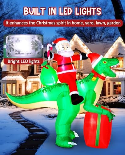 9x7.38ft Christmas Inflatables Santa Riding Dinosaur with Built-in LED,Dinosaur Inflatable Christmas Blow Up Yard Decorations with Water Bags Stakes Strings Gift Bag for Garden Yard Party Lawn - Image 3