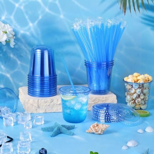 tchrules 100 Set 12oz Blue Plastic Iced Coffee Cups with Lids and Straws - Image 4