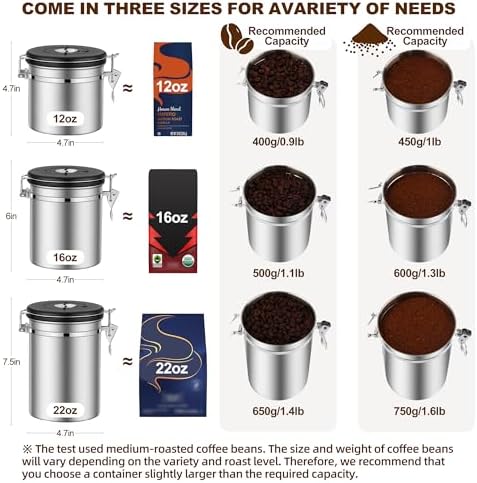 ShanSon Coffee Canister Airtight, Stainless Steel Bean Storage Container with Date Tracker & Scoop, Grounds Sugar Flour Tea Cereal Fits Kitchen Pantry, Ideal Gift for Coffee Lovers,12oz,Silver - Image 3