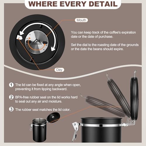 ShanSon Coffee Canister Airtight, Stainless Steel Bean Storage Container with Date Tracker & Scoop, Grounds Sugar Flour Tea Cereal Fits Kitchen Pantry, Ideal Gift for Coffee Lovers,16oz, Black - Image 4