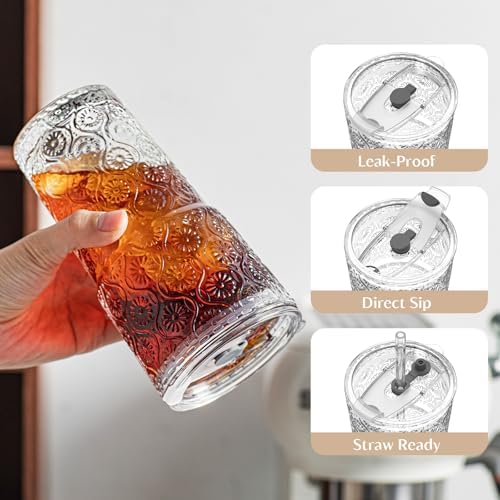 INSETLAN 20 oz Iced Coffee Cups with Lids and Straw, Set of 4 Glass Tumbler - Image 4