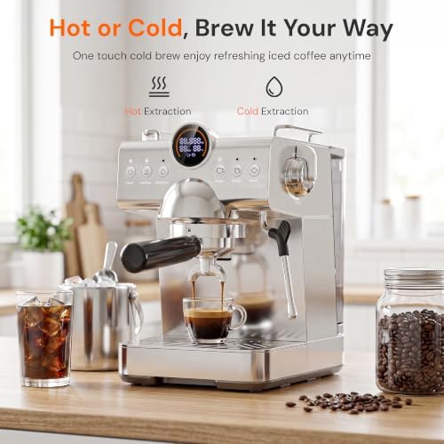 Kismile 20 Bar Espresso Machine with Milk Frother, Hot & Cold Brew Semi-Automatic Expresso Coffee Machine with Single & Double Shot, LED Display for Home Barista Latte and Cappuccino - Image 2