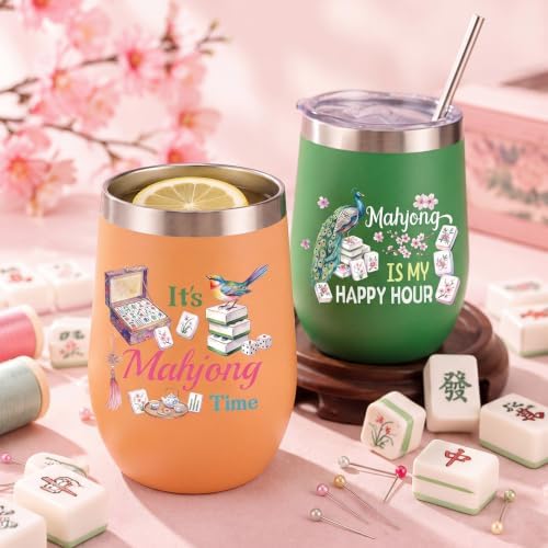 Patelai 4 Pcs 12oz Mahjong Tumbler with Lid 12oz,Chinoiserie - Image 4