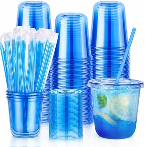 tchrules 100 Set 12oz Blue Plastic Iced Coffee Cups with Lids and Straws by TCHRULESHOME