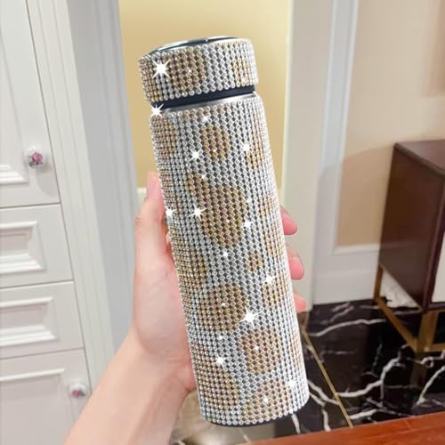 17 oz Bling Stainless Steel Water Bottle Rhinestone Vacuum Water Bottle Glitter Bottles Diamond Vacuum Flask Mug Gift Girls Women (500ml),Cow Champagne Gold - Image 3