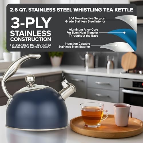 Viking 3-Ply Stainless Steel Tea Kettle, 2.6 Quart Stovetop Hot Water Pot with Tempered Glass Lid, Ergonomic Handle, Induction Ready, Slate and Blue - Image 2