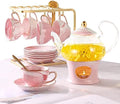 DUJUST 21 pcs Small Tea Set of 6, Pink Marble Set, Handcraft Golden Trim, Porcelain Tea Pot Set for Kids&Adults, 1 Glass Teapot(22oz), 6 Cups(4oz), 6 Saucers, 6 Spoons, 1 Shelf&1 Warmer by DUJUST