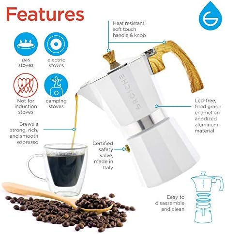 GROSCHE Milano Stovetop Espresso Maker Moka pot 6 espresso Cup - 9.3 oz, White and 3 Replacement Seals Gaskets Bundle Stove top coffee maker Moka Italian espresso coffee maker and replacement gaskets - Image 3