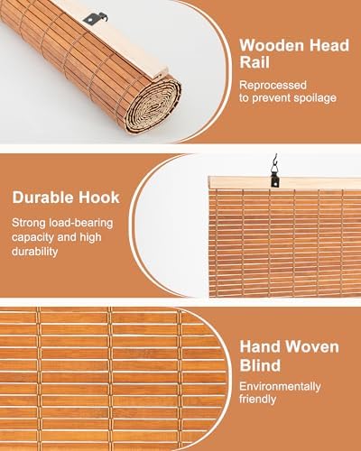 24" W x 72" H Cordless Bamboo Roman Shades for Interior, Brown - Image 6