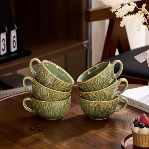 Coffeezone Set of 6 Vintage Design 12 oz Professional Barista Ceramic Latte Art Cappuccino Cups Set (Wave Green) - Image 6