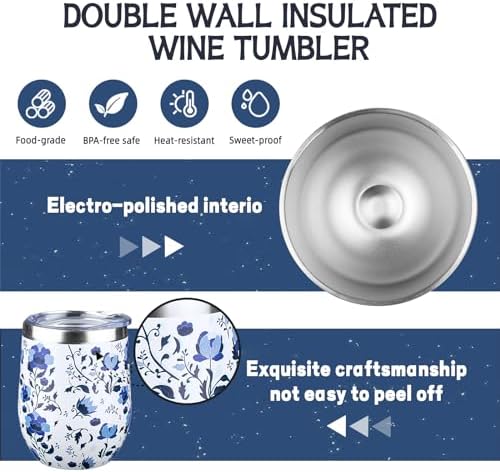 12 oz Insulated Wine Tumbler with Lid and Straw,Stainless Steel Stemless Wine Tumbler Glasses Double Wall Vacuum Wine Cups Tumbler Bulk for Coffee,Cocktail,Office (Blue and White Porcelain,8) - Image 4