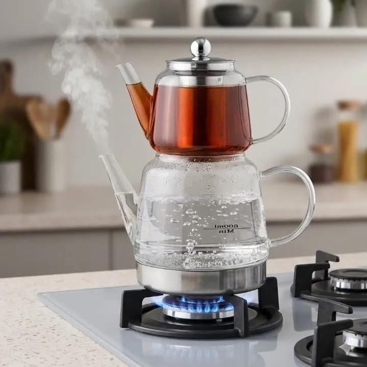 Unique Borosilicate Glass Teapot Set, 1.8 lt Total Capacity,Drip-Free Spout - Image 2