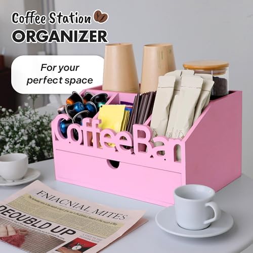 Coffee Bar Organizer Countertop, Wood Coffee Station with Drawer, Pink - Image 6