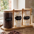 Set of 3 Glass Coffee Container with Bamboo Lids Spoons Labels 25 oz Clear Airtight Jar Food Storage Canister Set for Coffee Tea Sugar Decorative Countertop Organization Jars(Light Wood) by Yiyiring