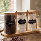 Set of 3 Glass Coffee Container with Bamboo Lids Spoons Labels 25 oz Clear Airtight Jar Food Storage Canister Set for Coffee Tea Sugar Decorative Countertop Organization Jars(Light Wood) by Yiyiring