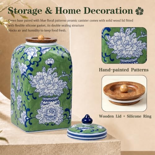 12.5" H Ceramic Kitchen Canisters for Countertop, Tea & Coffee Bean Storage Canister with Airtight Lid, Hand-painted Chinoiserie Decor Ginger Jar for Home Decor, 155 fl oz - Green Peony - Image 3