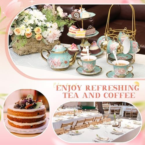 21 Pcs Porcelain Tea Set with 3 Tier Dessert Stand, Green, Summer - Image 6