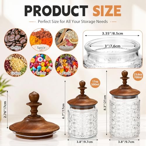 Suclain 6 Pack 24 oz Glass Spice Jars with Dark Wood Lids Vintage Canisters with Star Pattern Airtight Food Storage Container for Home Kitchen Tea Coffee Spice Pantry Organization Decorations - Image 2