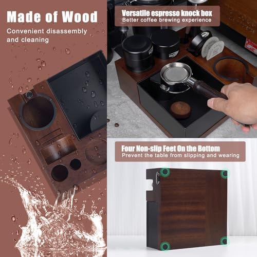 IKAPE V5 Espresso Knock Box, Espresso Coffee Organizer Box Fit for Storage 51, 54, 58MM Espresso Tamper, Distributor, Portafilter & Puck Screen Accessories, Natural Walnut Station Base(9 IN One) - Image 5