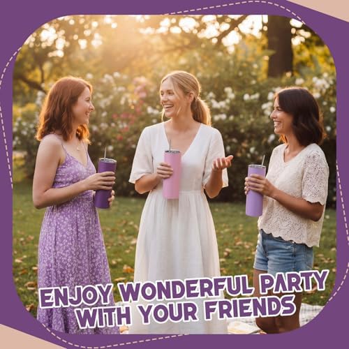 8 Pcs 20oz Insulated Stainless Steel Tumbler with Lid and Straw, Purple - Image 5