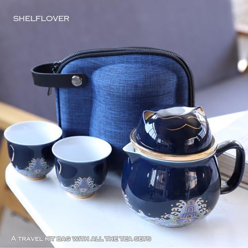 SHELFLOVER Beautiful Tea Mug Portable Set, White Porcelain Easy to Clean Keep Tea Hot Long, Easy Carried Travel/Office/Home Drink, Cute Cat, Dark Blue, 10oz - Image 3