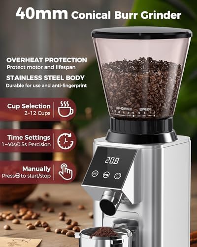 Tuni G1 Conical Burr Coffee Grinder with Coffee Knock Box, Silver - Image 4