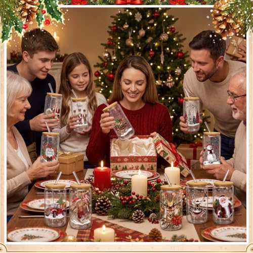Teenyyou 12 Sets of Christmas Glasses Cups with Bamboo Lid and Glass Straw 16 oz Red and Black Plaid Christmas Glass Jar Drinking Cups Wreath Santa Coffee Cup for Women Men Xmas Holiday Party Gifts - Image 6