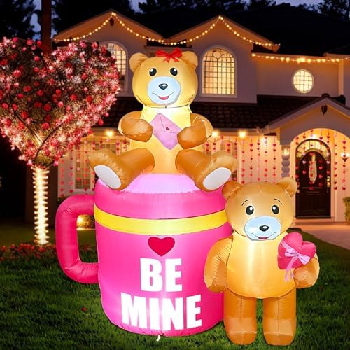 AerWo 5FT Valentines Inflatables Coffee Cup with Lovely Bear, LED Lighted Romantic Valentines Inflatables Outdoor Decorations, Valentines Day Decor Blow Up Yard Decorations for Wedding Lawn by AerWo