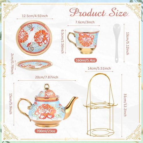 Zhehao 20 Pcs Porcelain Tea Set for Adult, with Metal Holder, Retro - Image 2